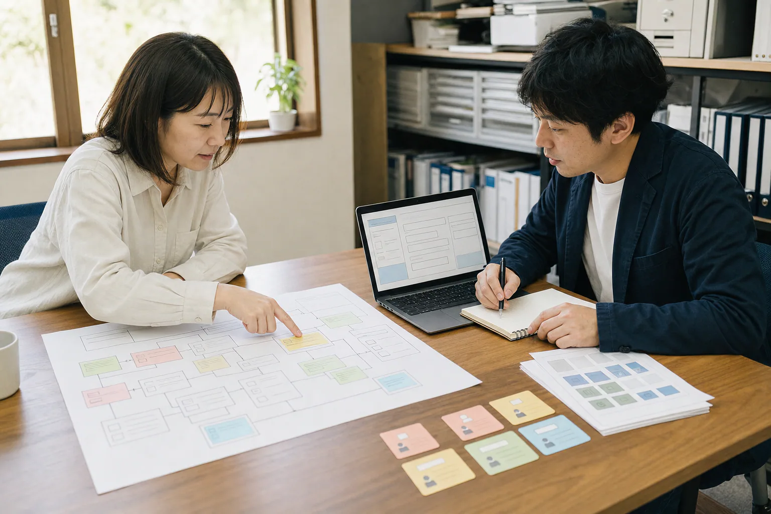担当者とエンジニアが紙の業務フローとパソコンを見ながら導入範囲を整理する様子