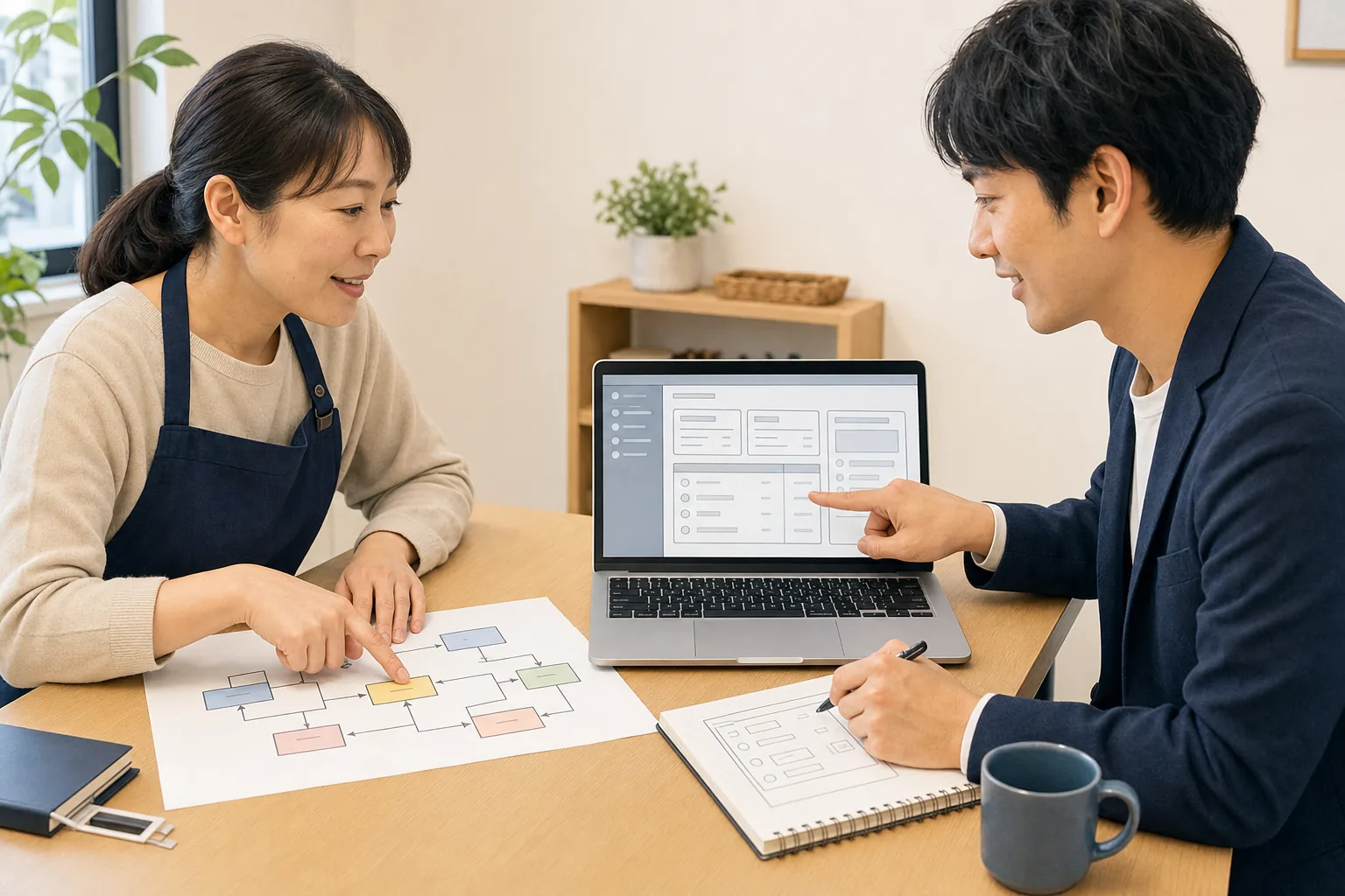 業務担当者とエンジニアが業務フローとWebアプリの画面案を確認する様子