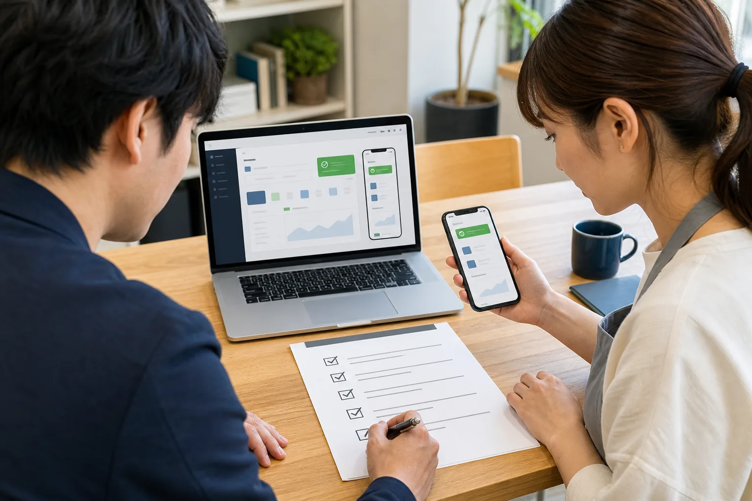 担当者とエンジニアがパソコンとスマートフォンで業務アプリを確認する様子