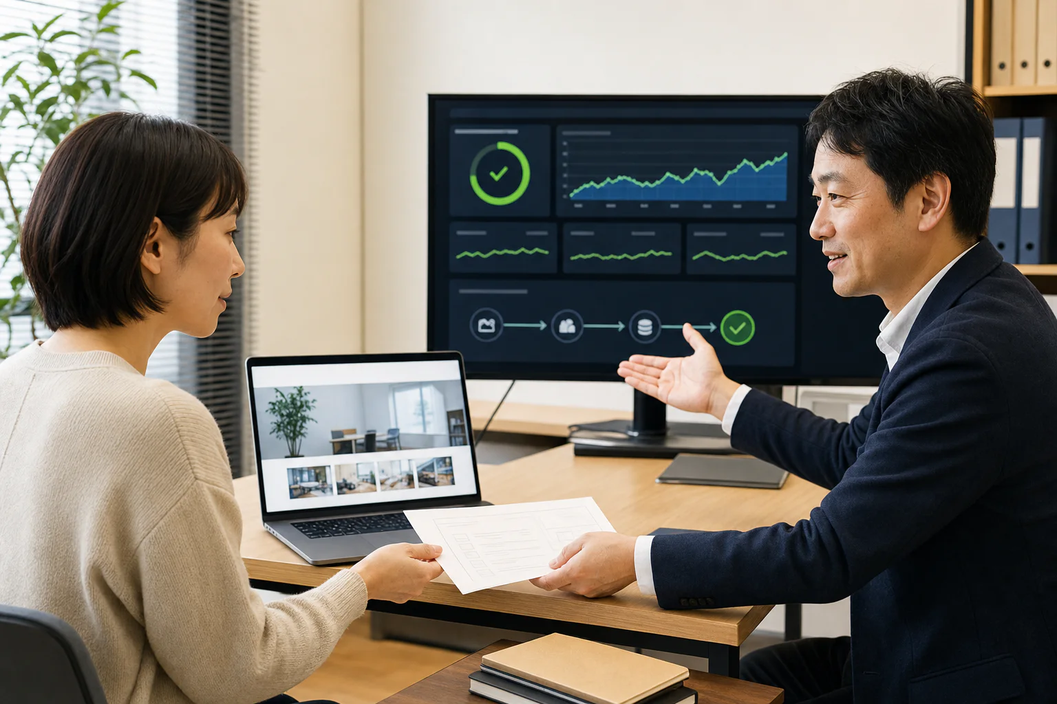 公開済みのアプリの稼働状況を事業担当者とIT顧問が確認する様子