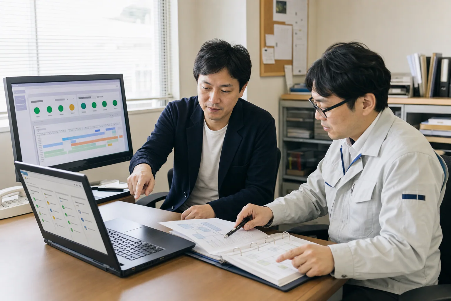 担当者とエンジニアが稼働状況と変更依頼を確認する様子