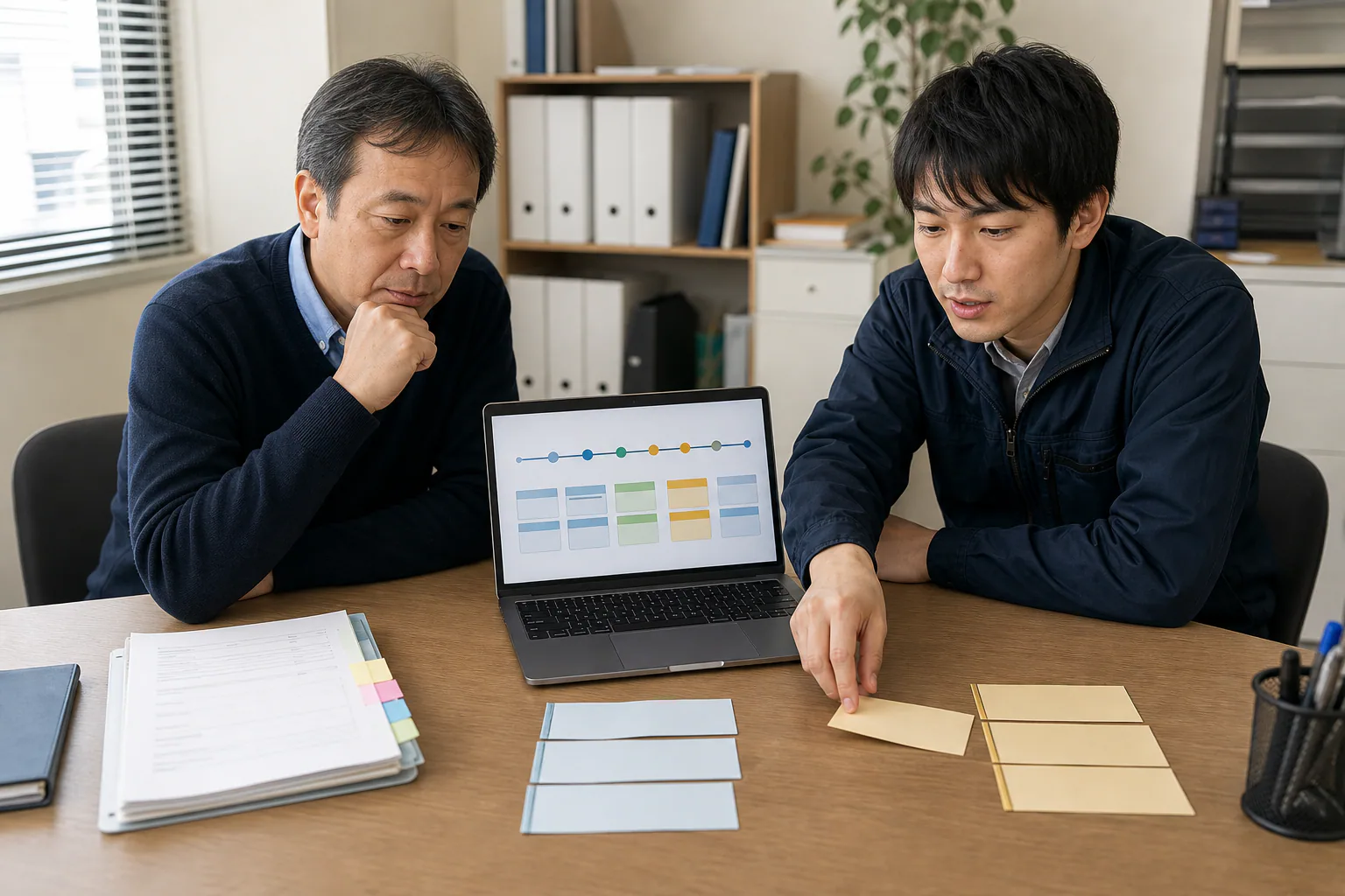担当者とエンジニアが運用履歴と改善候補を確認する様子