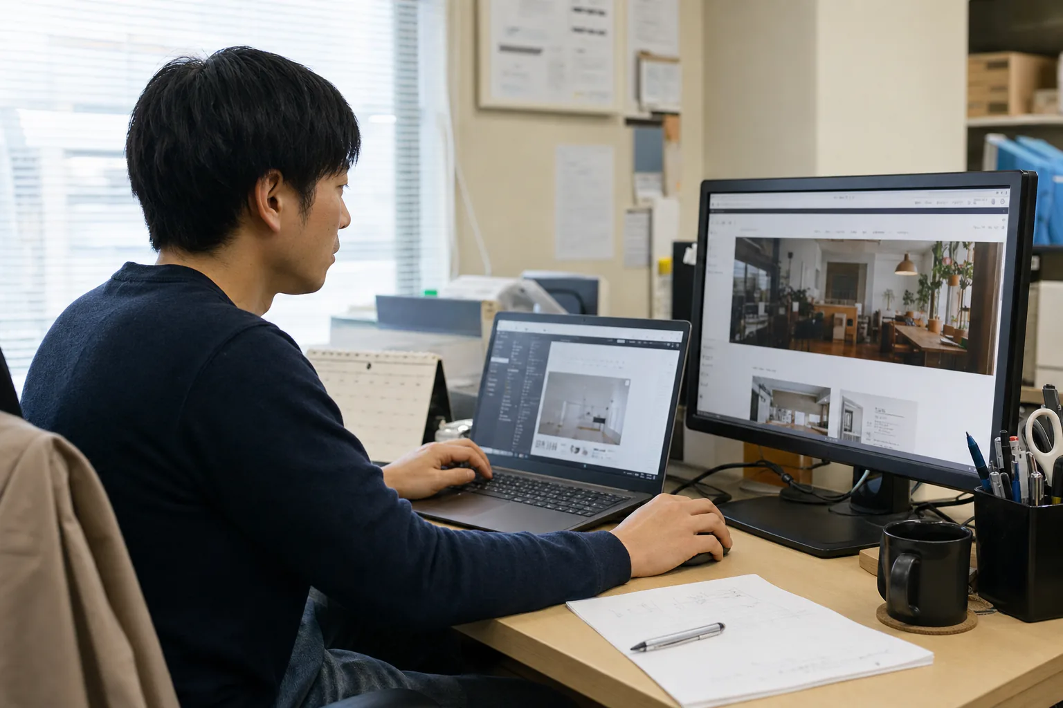 担当者がCMSの編集画面と更新後のWebサイトを確認している様子