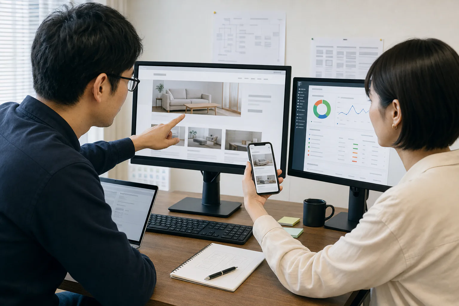 担当者とエンジニアが同じWebサイトをパソコンとスマートフォンで点検する様子