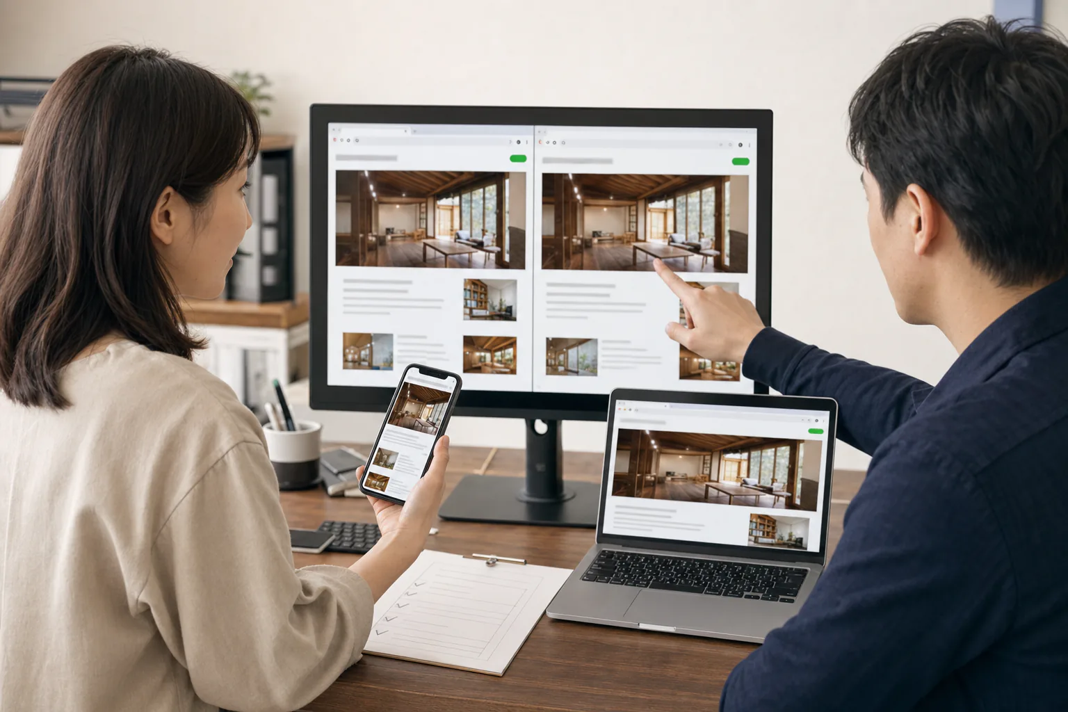 担当者とエンジニアが修正後のWebサイトをパソコンとスマートフォンで再確認する様子